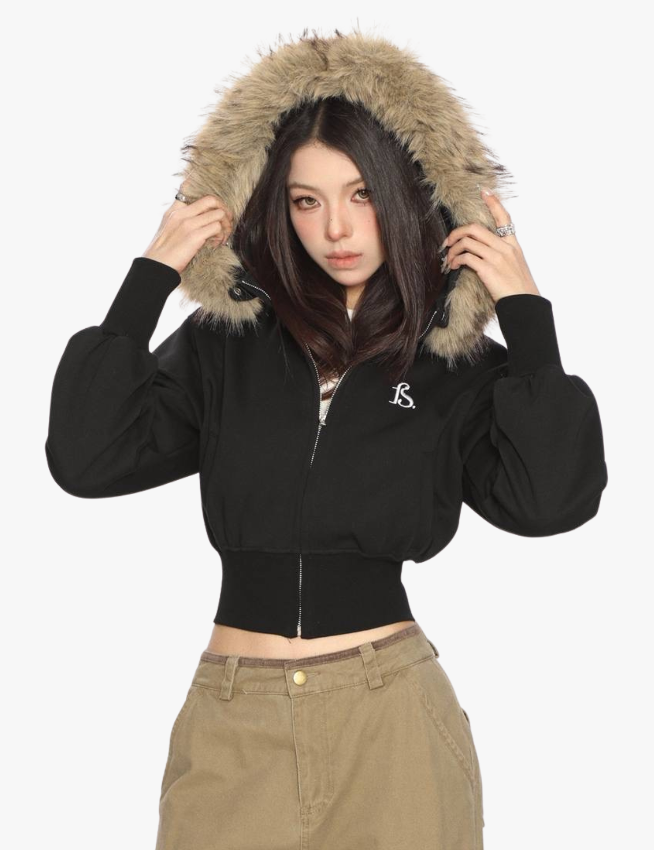 [25SS NEW ARRIVAL] GKIKZ FAUX FUR CROPPED DETACHABLE HOOD ZIP-UP