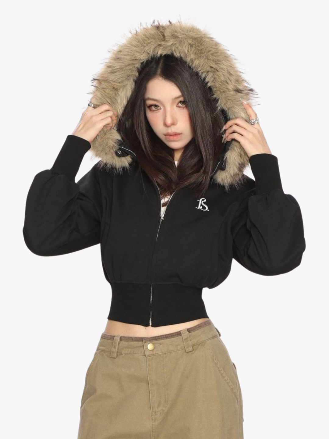 GKIKZ FAUX FUR CROPPED DETACHABLE HOOD ZIP-UP