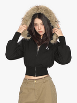 Faux Fur Cropped Detachable Hood Zip-Up