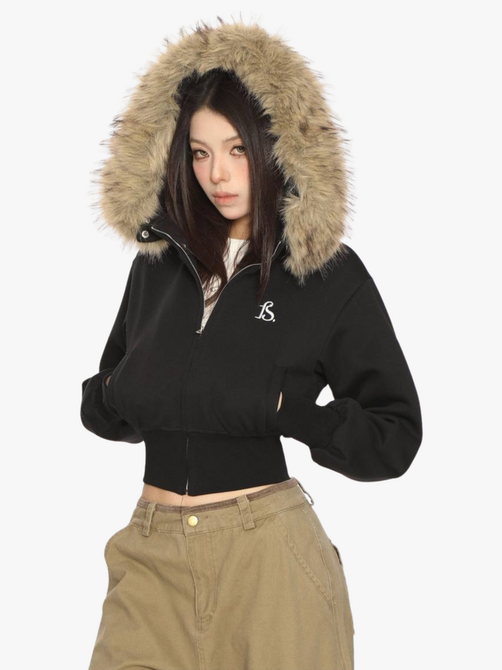 GKIKZ FAUX FUR CROPPED DETACHABLE HOOD ZIP-UP