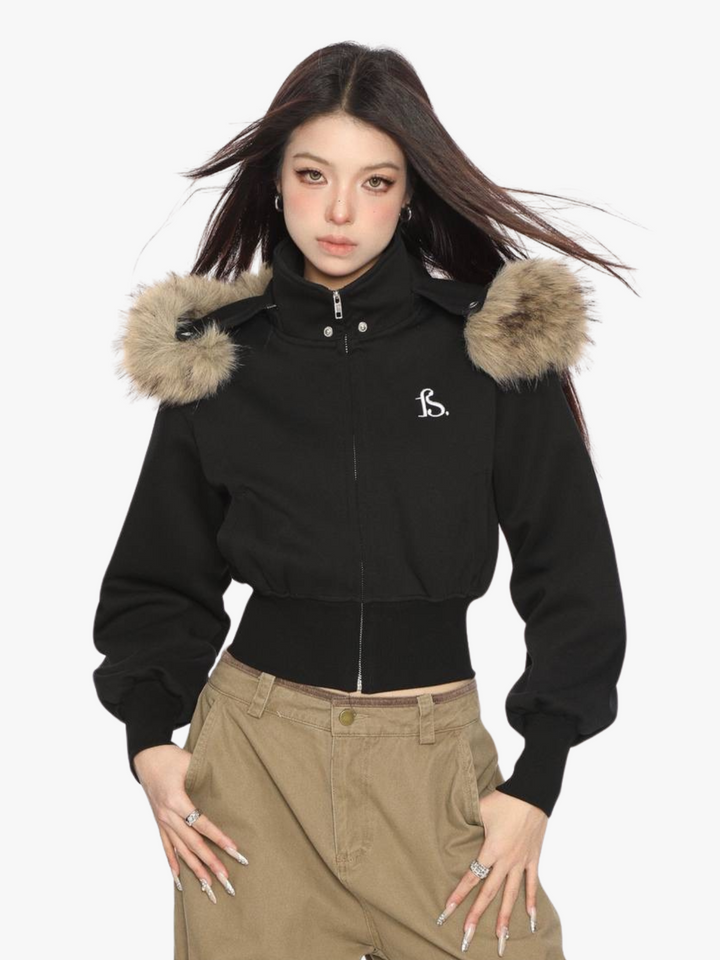 GKIKZ FAUX FUR CROPPED DETACHABLE HOOD ZIP-UP