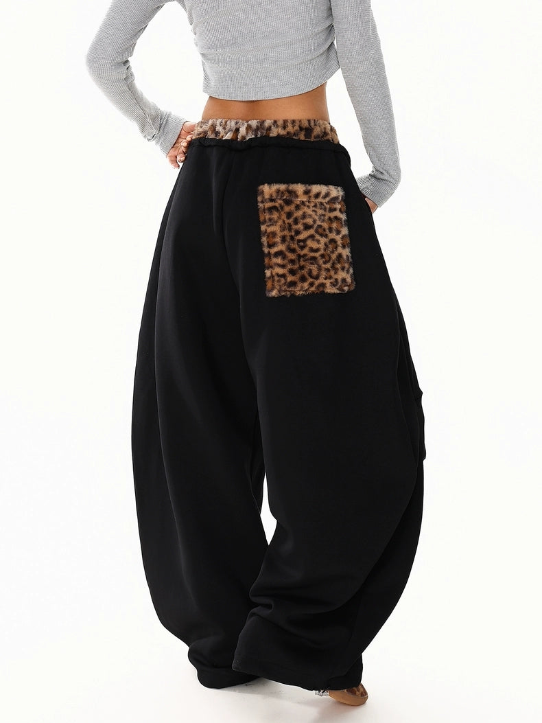 GKIKZ LEOPARD TRIM DOUBLE-WAIST WIDE-LEG SWEATPANTS