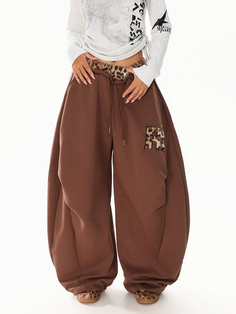 GKIKZ LEOPARD TRIM DOUBLE-WAIST WIDE-LEG SWEATPANTS
