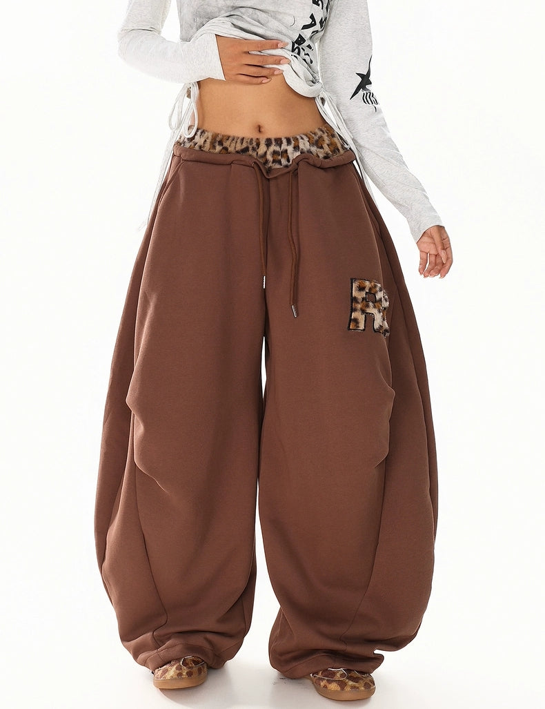 GKIKZ LEOPARD TRIM DOUBLE-WAIST WIDE-LEG SWEATPANTS