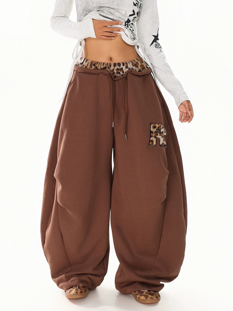 GKIKZ LEOPARD TRIM DOUBLE-WAIST WIDE-LEG SWEATPANTS
