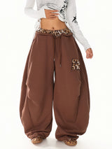 GKIKZ LEOPARD TRIM DOUBLE-WAIST WIDE-LEG SWEATPANTS
