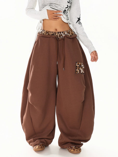 GKIKZ LEOPARD TRIM DOUBLE-WAIST WIDE-LEG SWEATPANTS