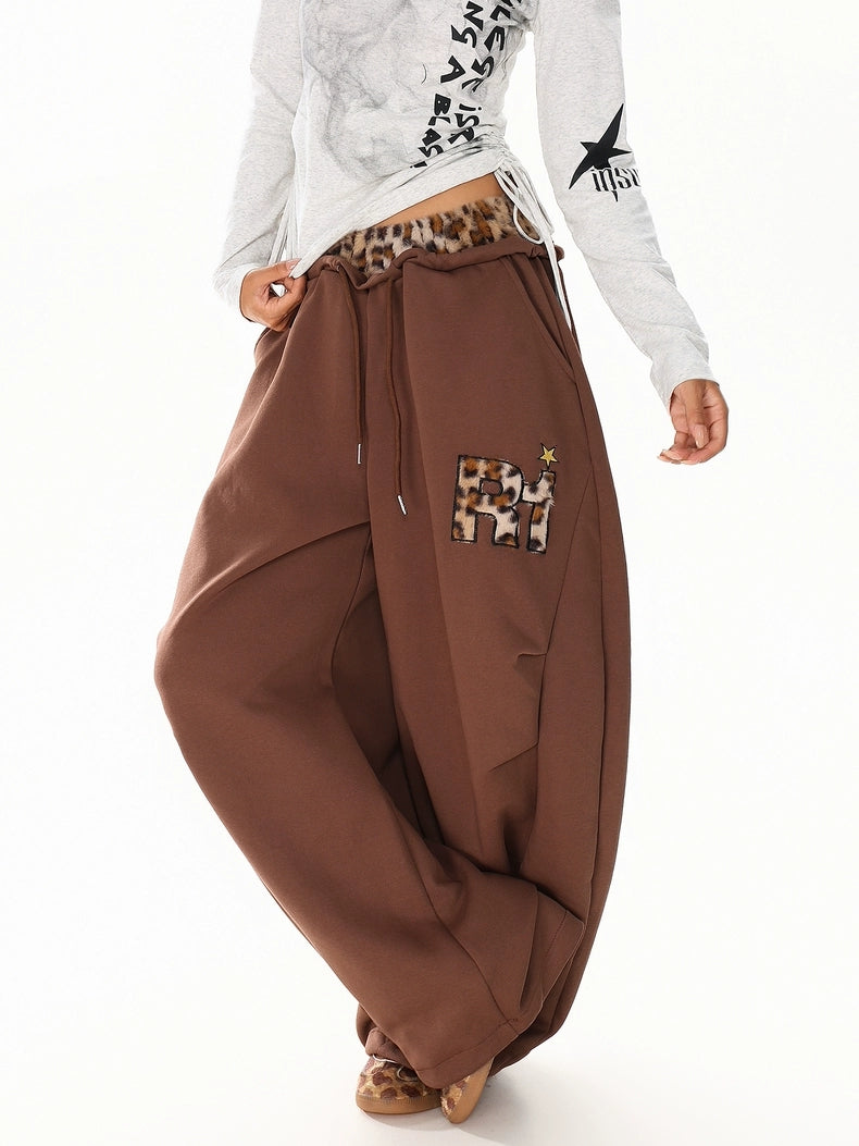GKIKZ LEOPARD TRIM DOUBLE-WAIST WIDE-LEG SWEATPANTS
