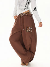 GKIKZ LEOPARD TRIM DOUBLE-WAIST WIDE-LEG SWEATPANTS