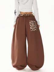 GKIKZ LEOPARD TRIM DOUBLE-WAIST WIDE-LEG SWEATPANTS