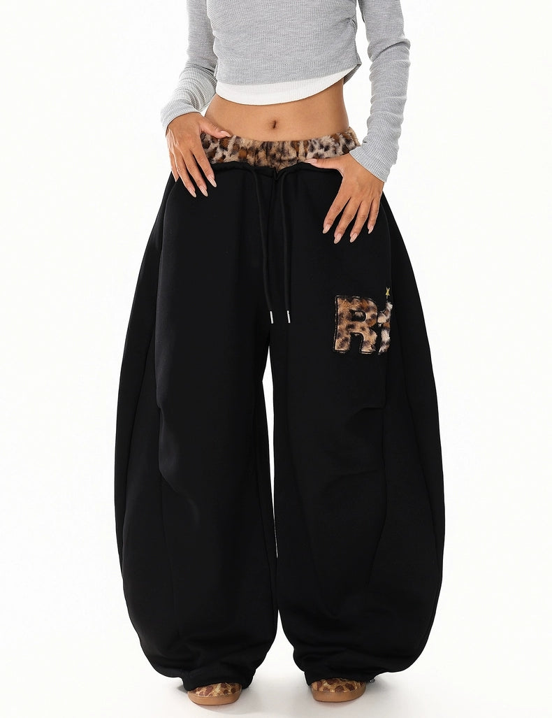 GKIKZ LEOPARD TRIM DOUBLE-WAIST WIDE-LEG SWEATPANTS