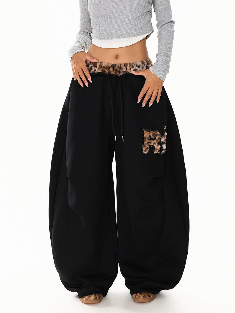 GKIKZ LEOPARD TRIM DOUBLE-WAIST WIDE-LEG SWEATPANTS