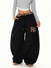 GKIKZ LEOPARD TRIM DOUBLE-WAIST WIDE-LEG SWEATPANTS