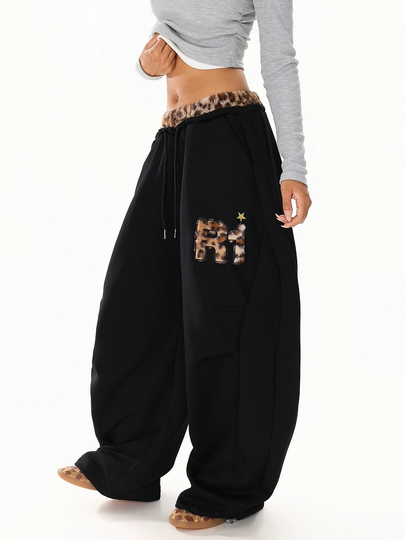 GKIKZ LEOPARD TRIM DOUBLE-WAIST WIDE-LEG SWEATPANTS