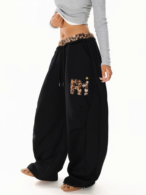 GKIKZ LEOPARD TRIM DOUBLE-WAIST WIDE-LEG SWEATPANTS