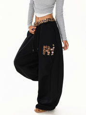 GKIKZ LEOPARD TRIM DOUBLE-WAIST WIDE-LEG SWEATPANTS