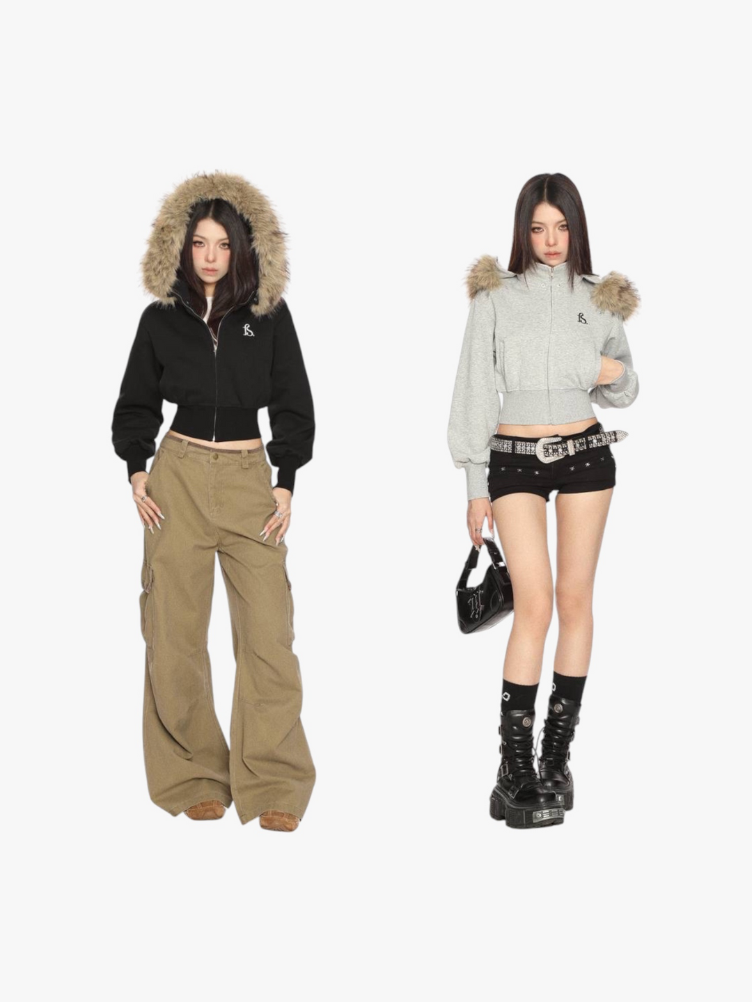 GKIKZ FAUX FUR CROPPED DETACHABLE HOOD ZIP-UP