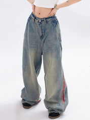 GKIKZ RED STRIPED STITCHED BAGGY JEANS