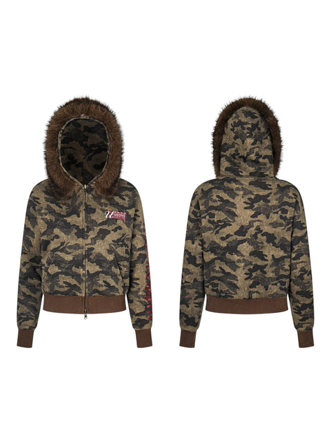 GKIKZ CAMOUFLAGE REVERSIBLE FAUX FUR HOODED JACKET
