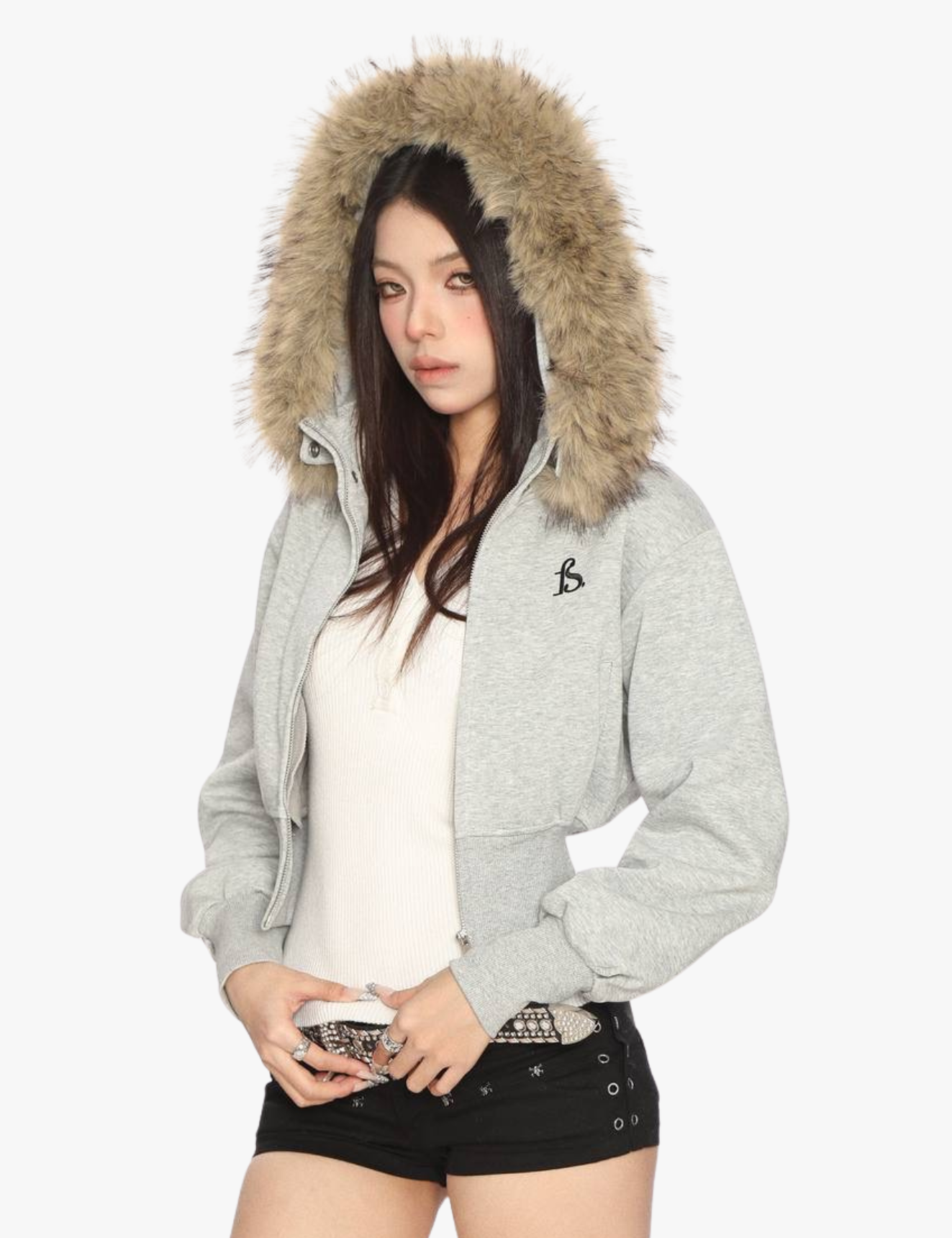 [25SS NEW ARRIVAL] GKIKZ FAUX FUR CROPPED DETACHABLE HOOD ZIP-UP