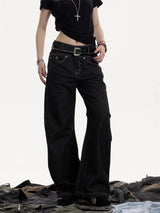 Night-Thread Embroidered Wide-Leg Cotton Denim