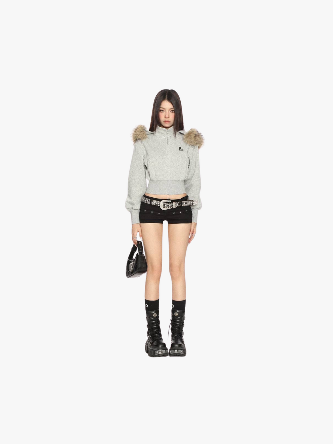 GKIKZ FAUX FUR CROPPED DETACHABLE HOOD ZIP-UP
