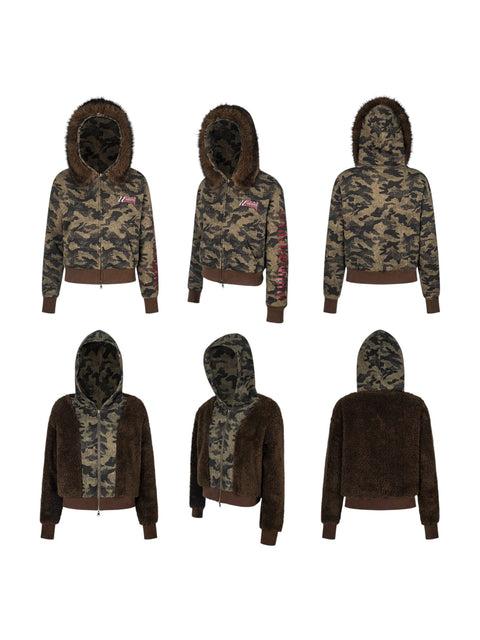 GKIKZ CAMOUFLAGE REVERSIBLE FAUX FUR HOODED JACKET