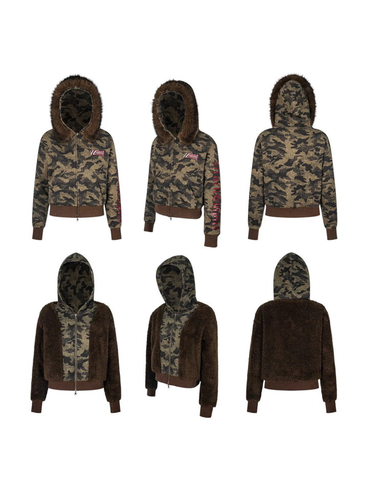 GKIKZ CAMOUFLAGE REVERSIBLE FAUX FUR HOODED JACKET