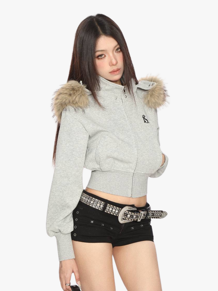 GKIKZ FAUX FUR CROPPED DETACHABLE HOOD ZIP-UP