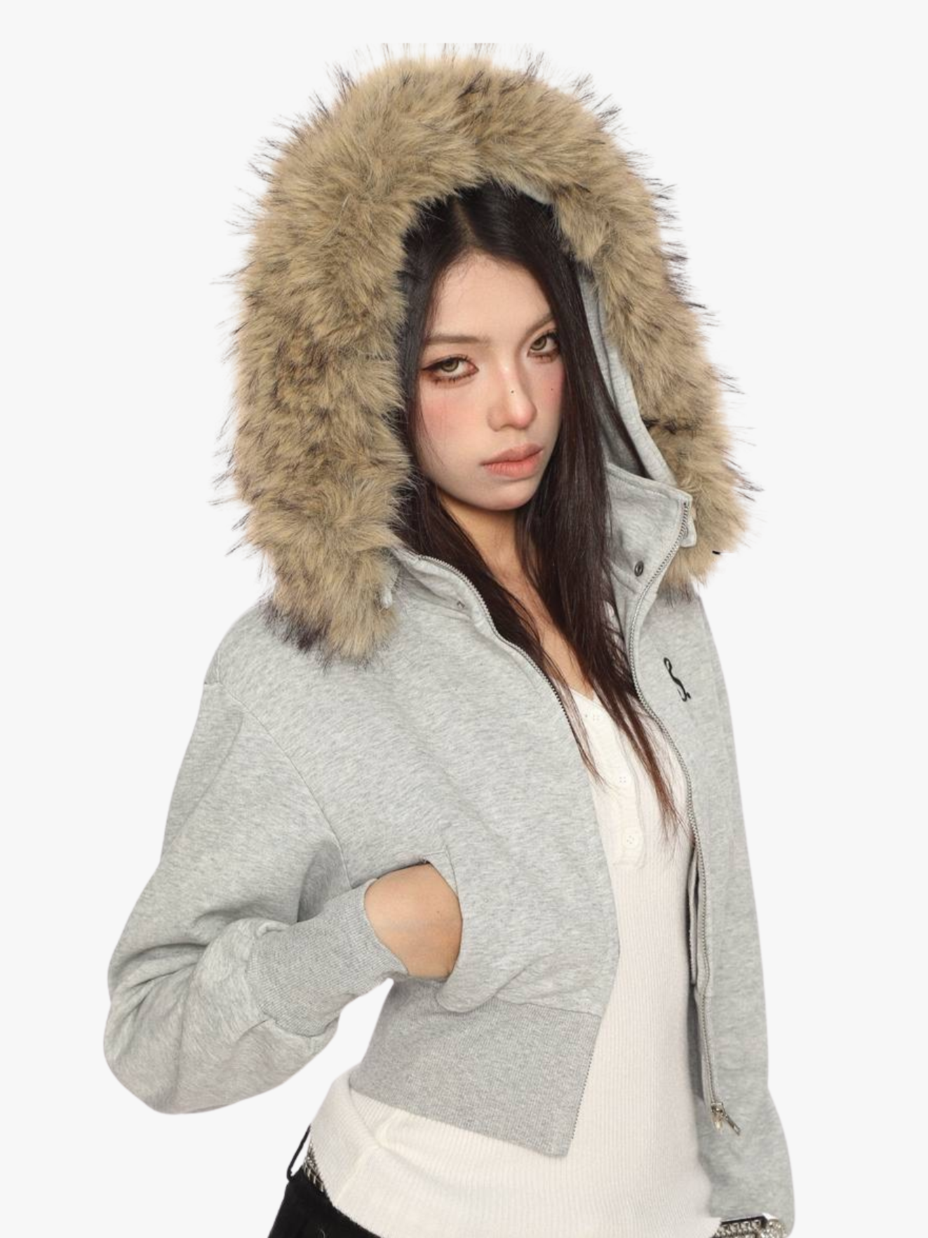 [25SS NEW ARRIVAL] GKIKZ FAUX FUR CROPPED DETACHABLE HOOD ZIP-UP