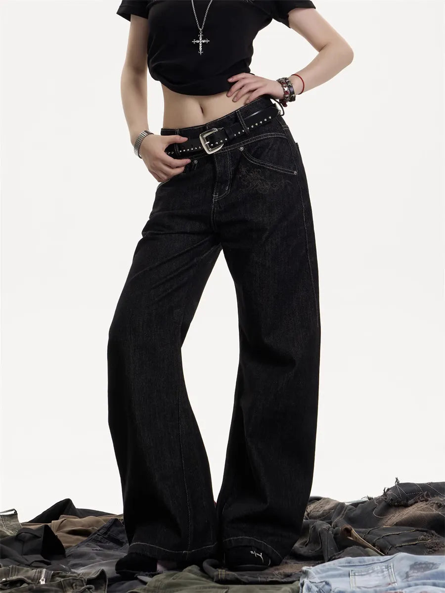 [25SS NEW ARRIVAL] GKIKZ NIGHT-THREAD EMBROIDERED WIDE-LEG COTTON DENIM