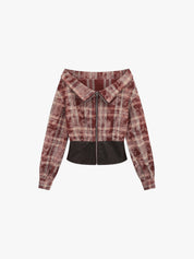 [25SS NEW ARRIVAL] GKIKZ EDGY OFF-SHOULDER PLAID JACKET