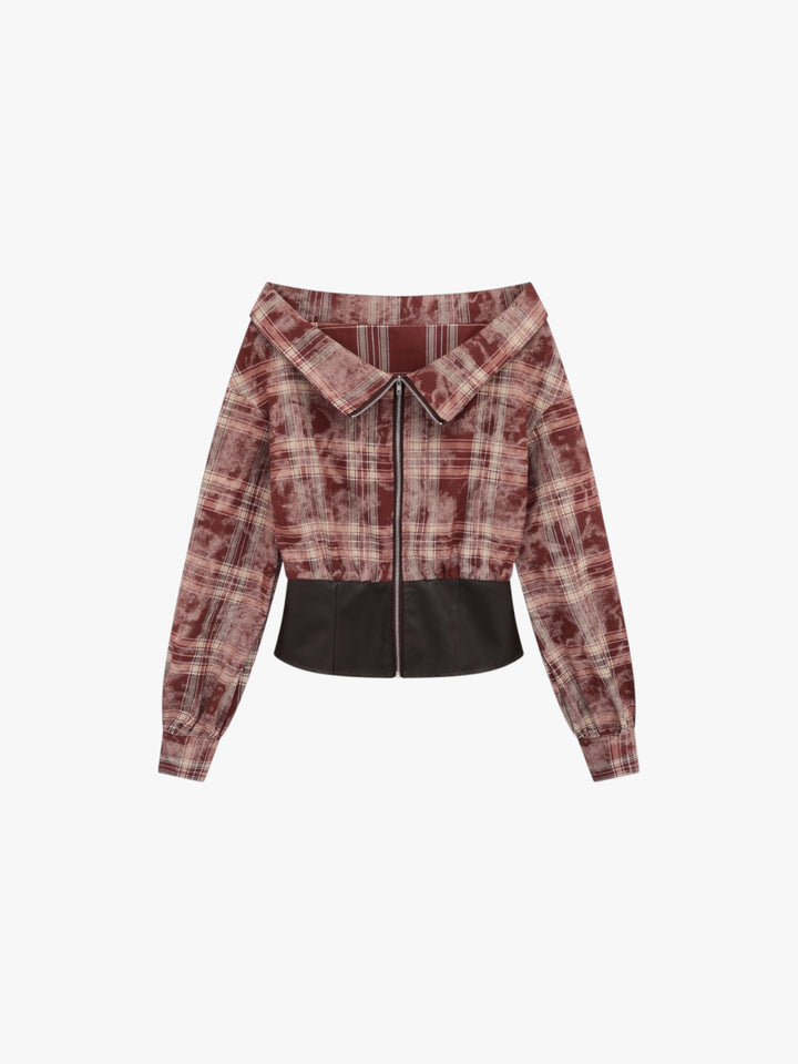 GKIKZ EDGY OFF-SHOULDER PLAID JACKET