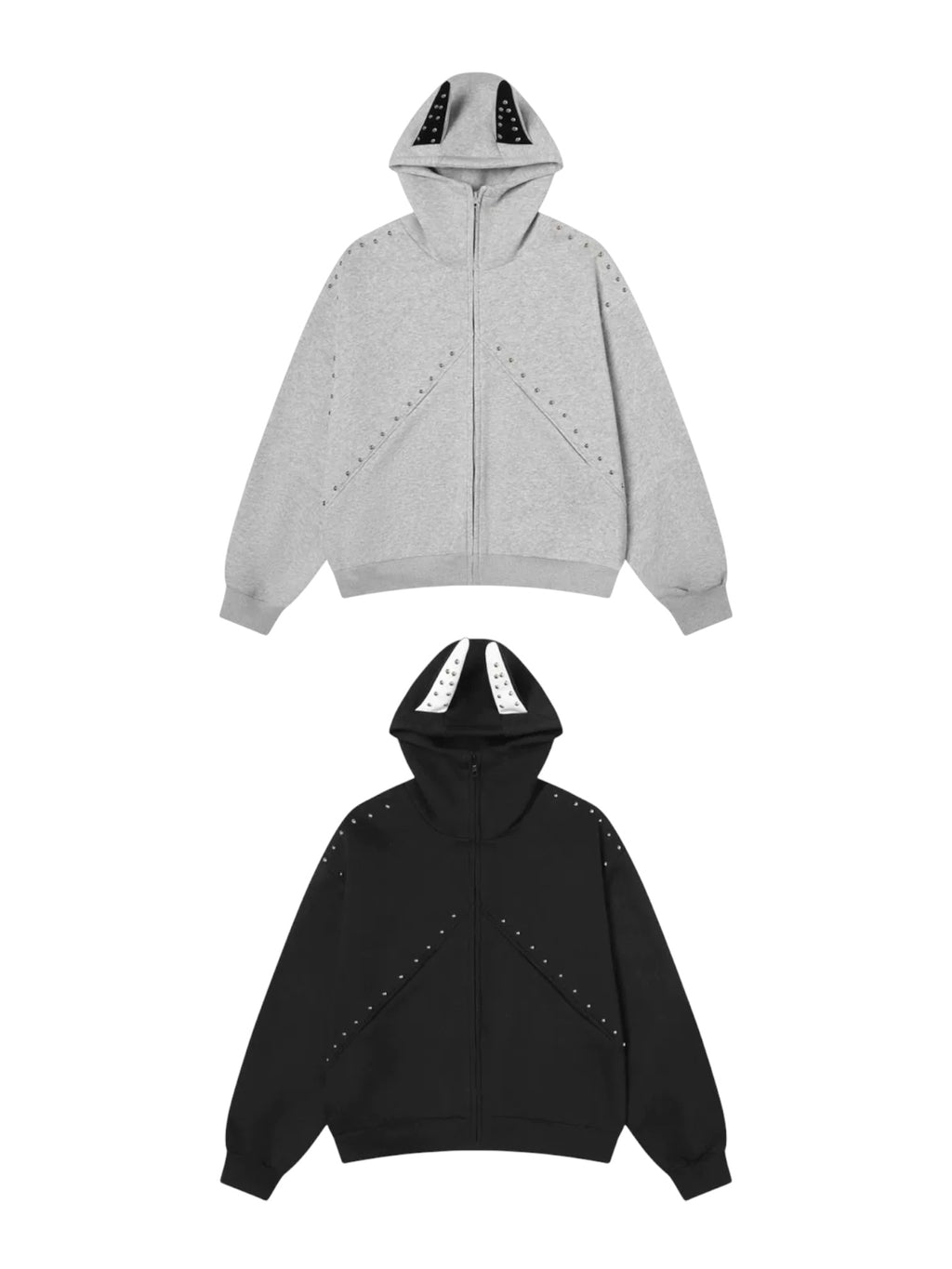 Studded Devil Horn Hoodie - Premium Cotton Zip-Up