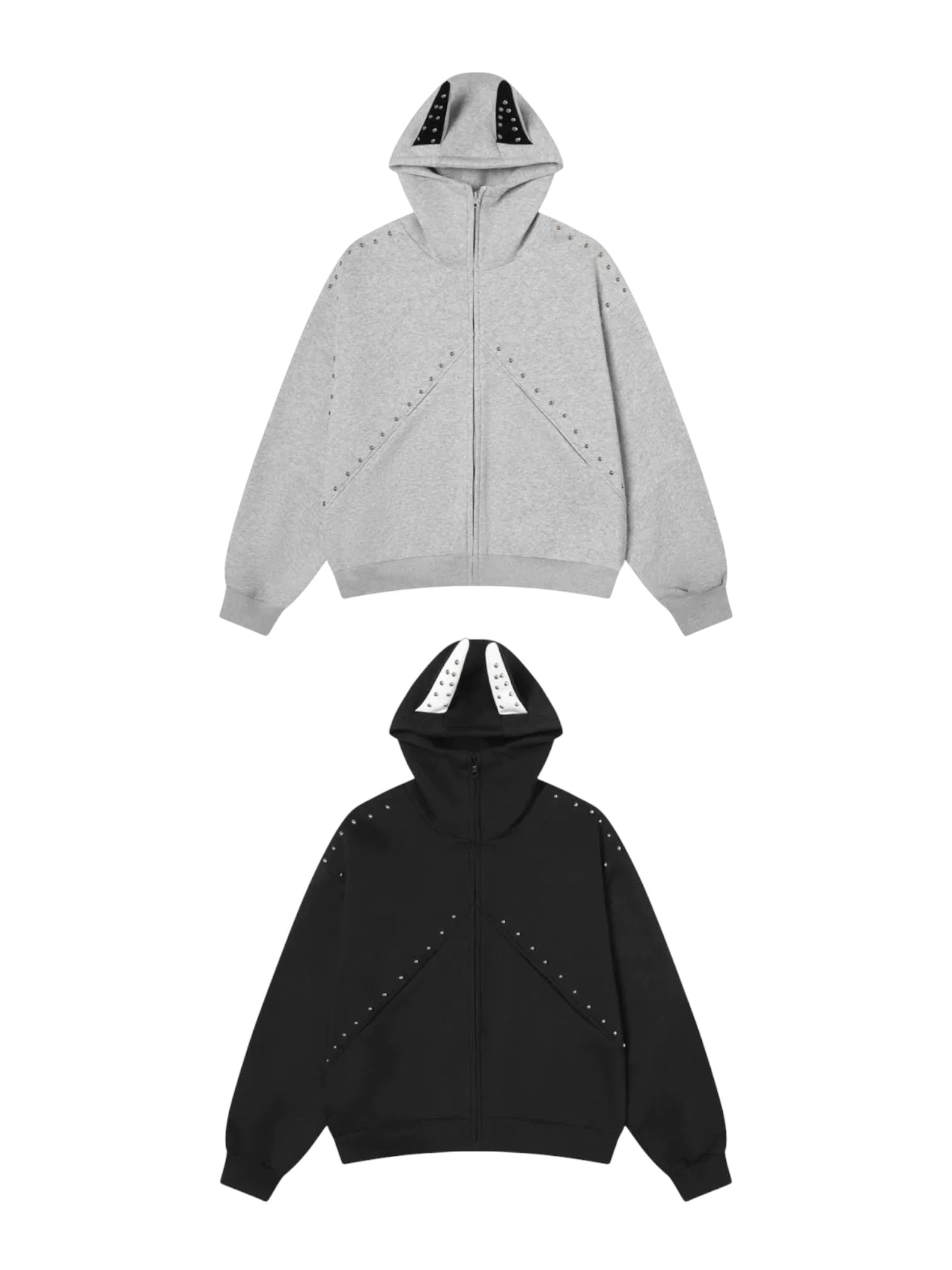 Studded Devil Horn Hoodie - Premium Cotton Zip-Up