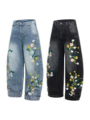 Floral Embroidered Wide-Leg Denim Pants