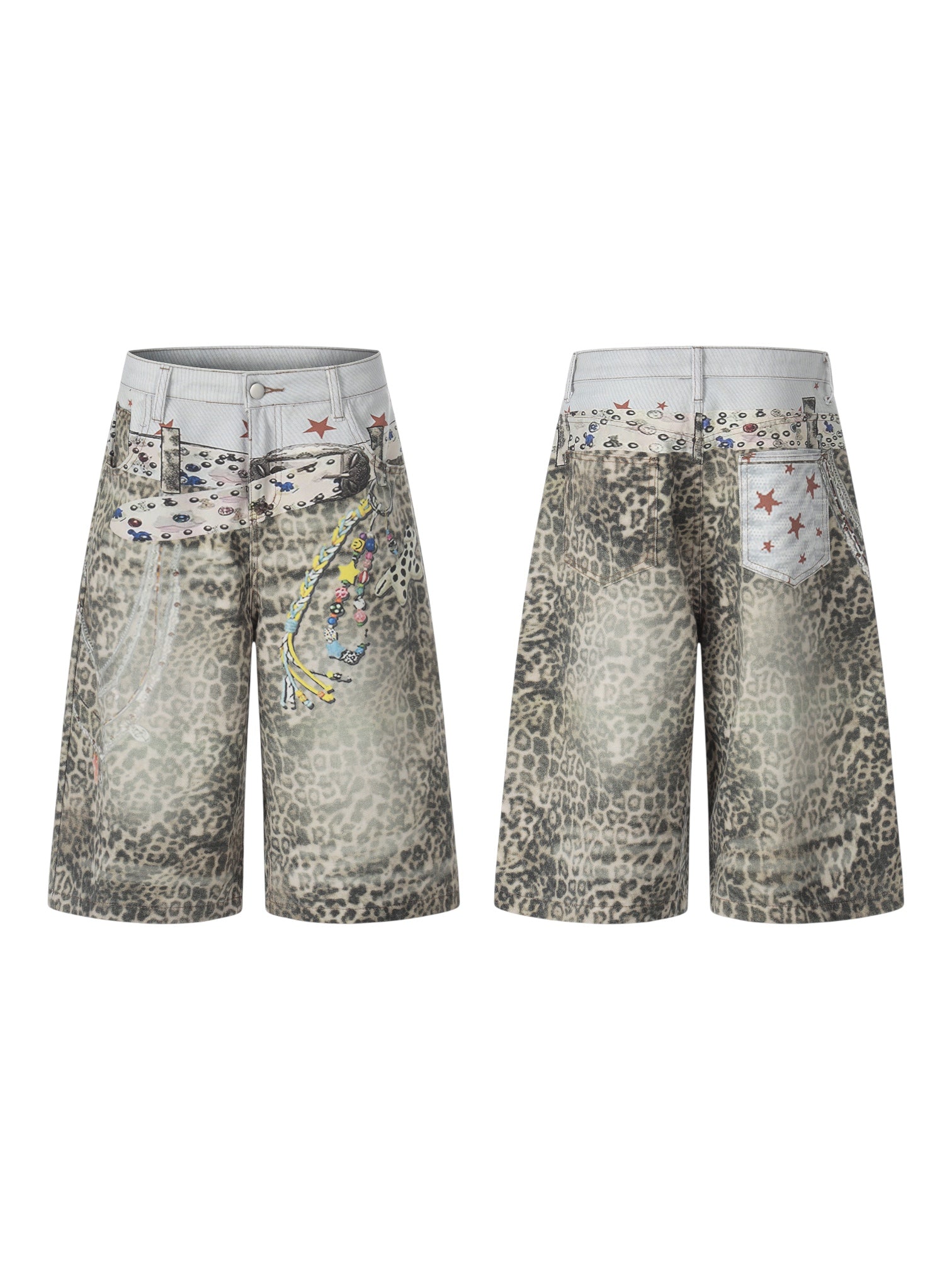 Retro Leopard-Print Wide-Leg Denim Shorts