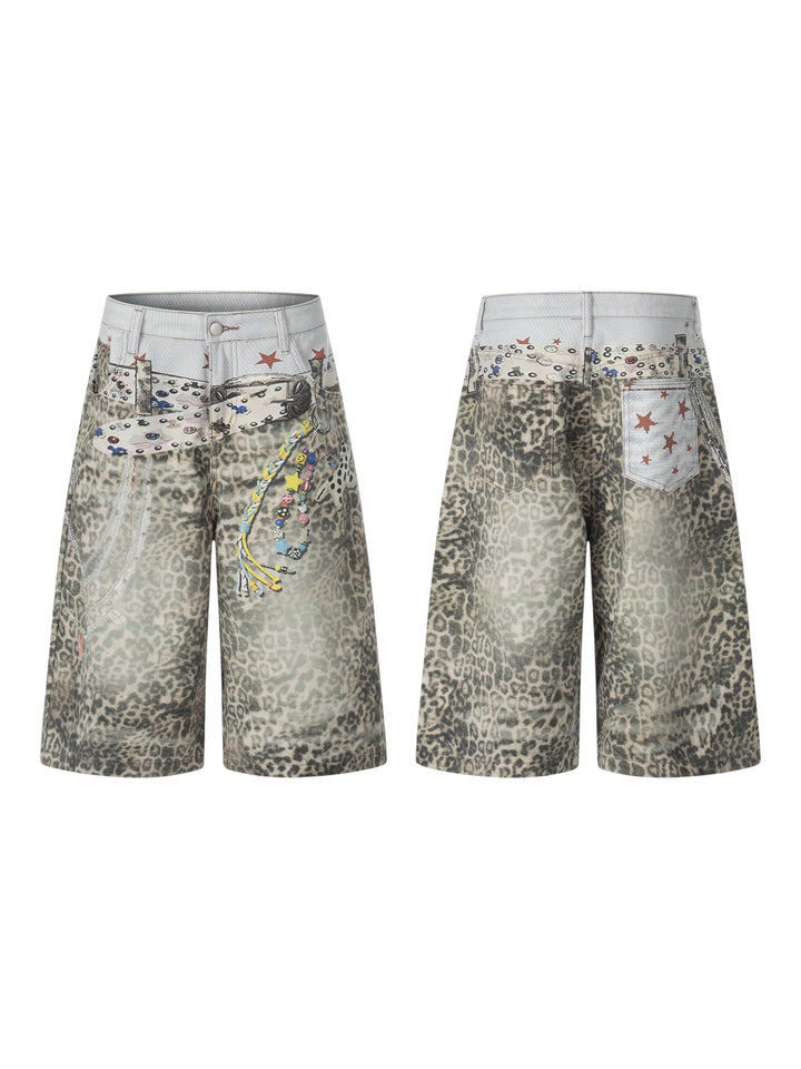 Retro Leopard-Print Wide-Leg Denim Shorts