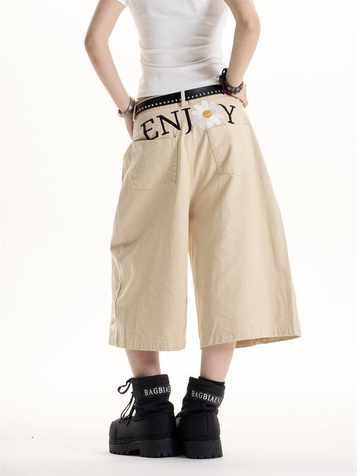 GKIKZ ENJOY DAISY EMBROIDERED WID-LEG JORTS