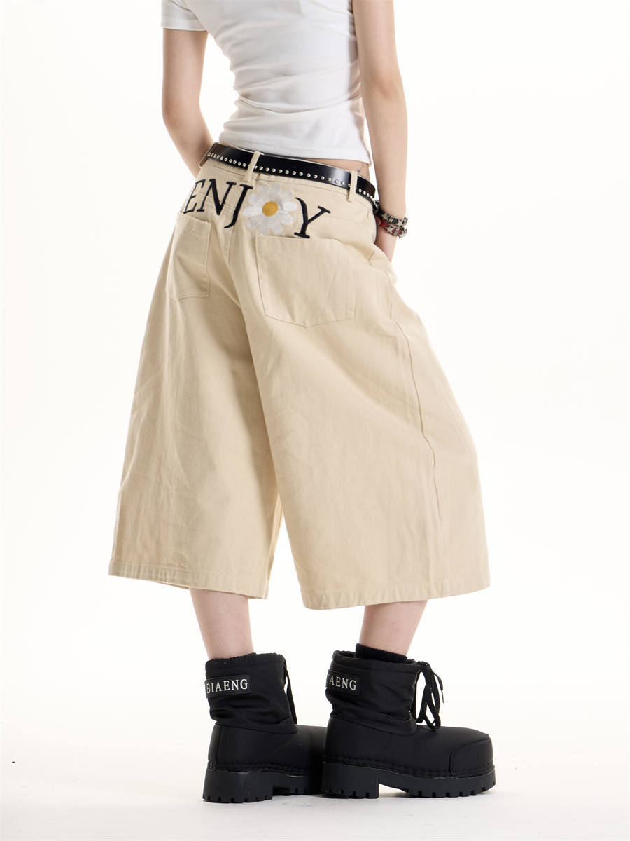 GKIKZ ENJOY DAISY EMBROIDERED WID-LEG JORTS