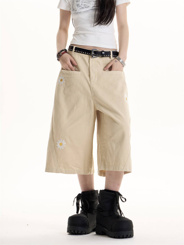 GKIKZ ENJOY DAISY EMBROIDERED WID-LEG JORTS