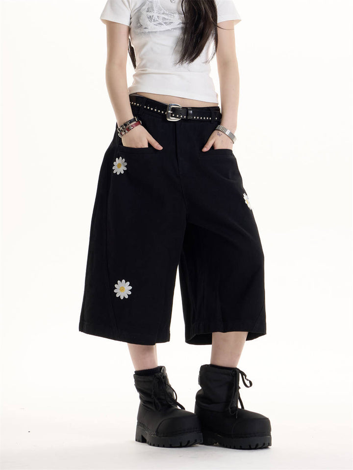 GKIKZ ENJOY DAISY EMBROIDERED WID-LEG JORTS
