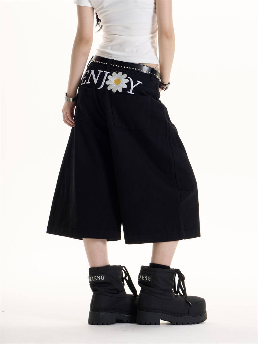 GKIKZ ENJOY DAISY EMBROIDERED WID-LEG JORTS