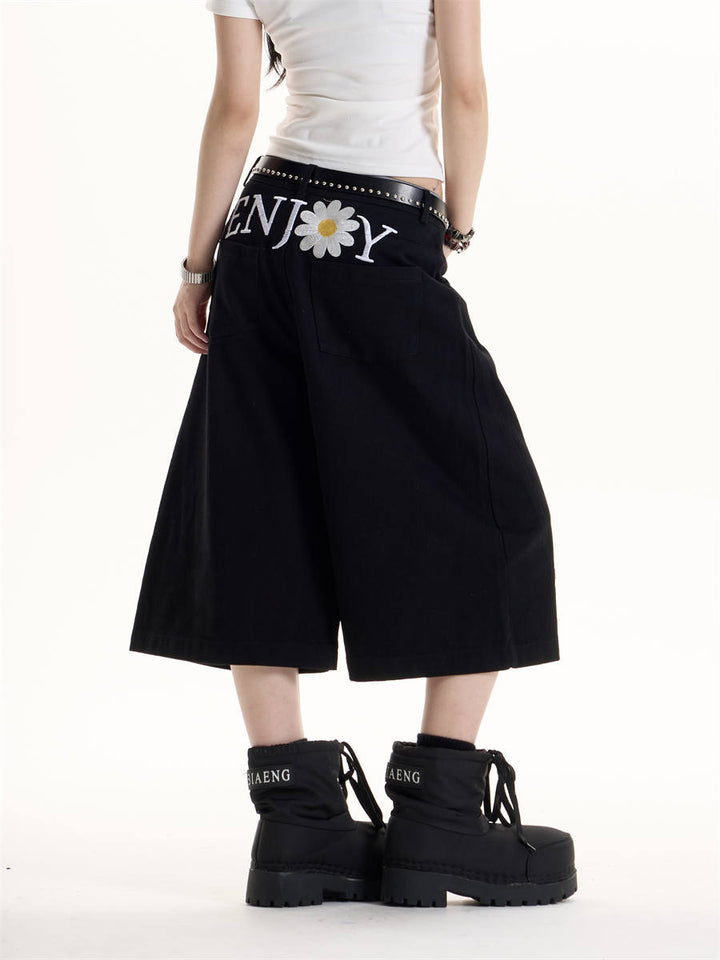 GKIKZ ENJOY DAISY EMBROIDERED WID-LEG JORTS