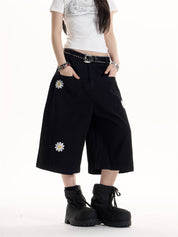 GKIKZ ENJOY DAISY EMBROIDERED WID-LEG JORTS