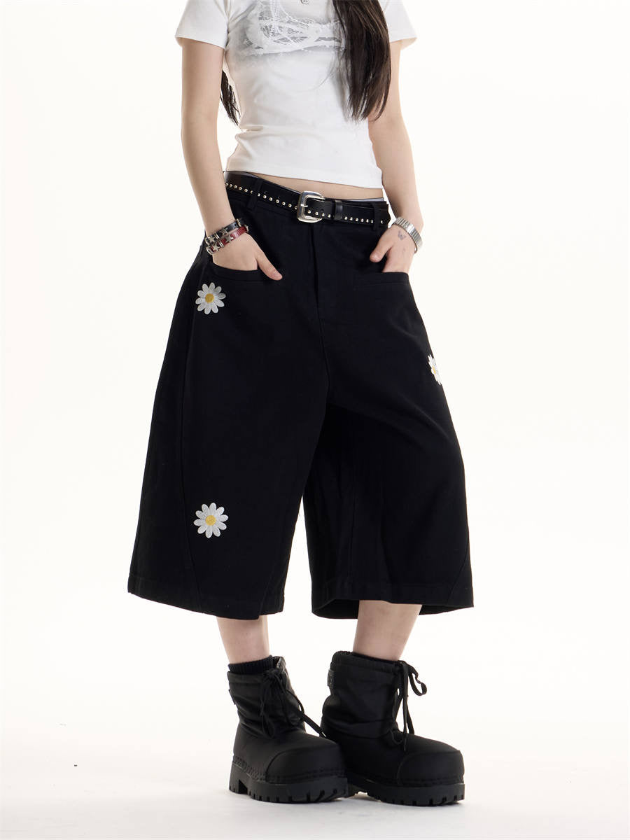 GKIKZ ENJOY DAISY EMBROIDERED WID-LEG JORTS