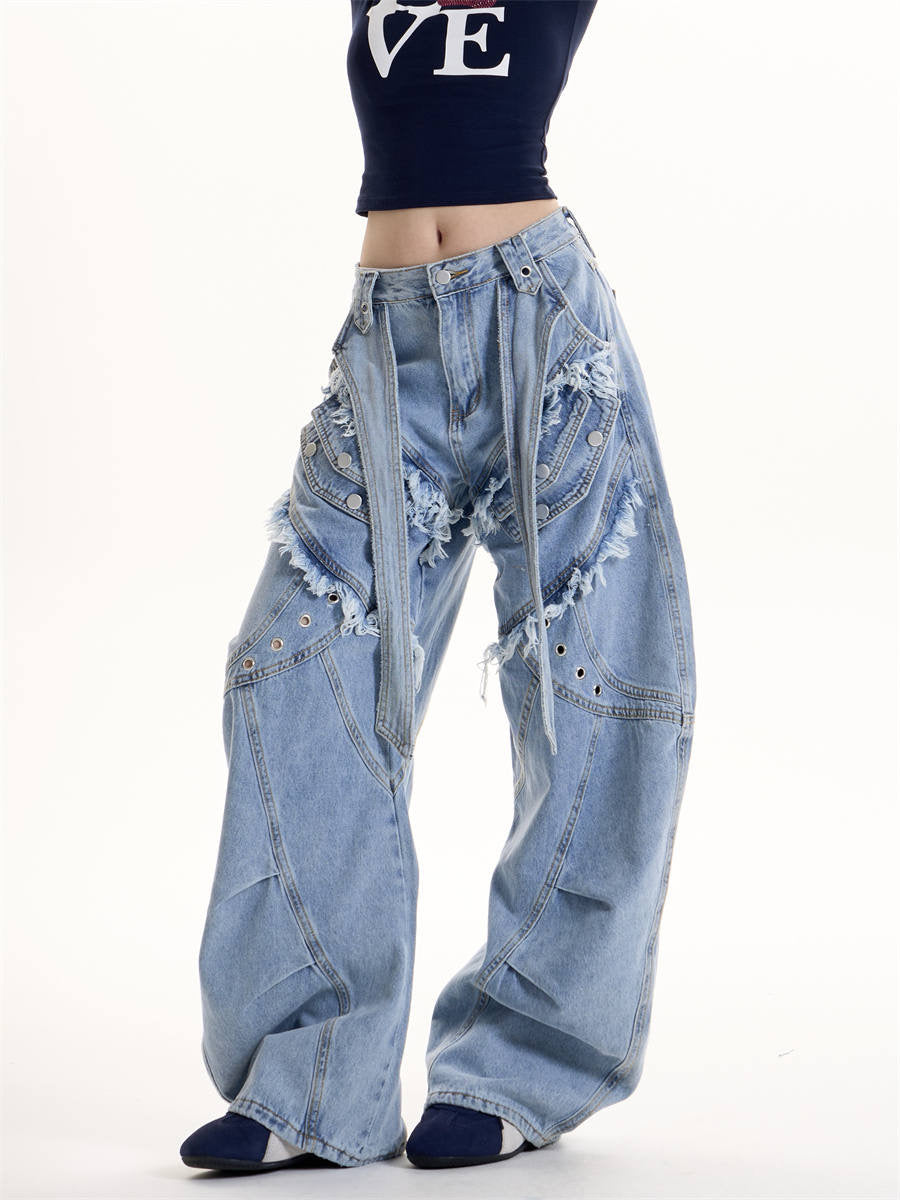 GKIKZ DOUBLE STRAP FRAYED PATCHWORK BAGGY JEANS