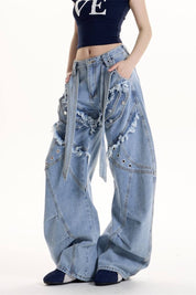 GKIKZ DOUBLE STRAP FRAYED PATCHWORK BAGGY JEANS