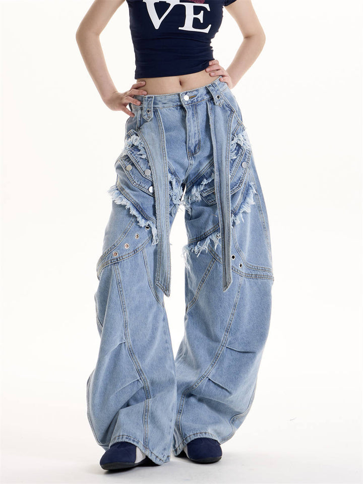 GKIKZ DOUBLE STRAP FRAYED PATCHWORK BAGGY JEANS