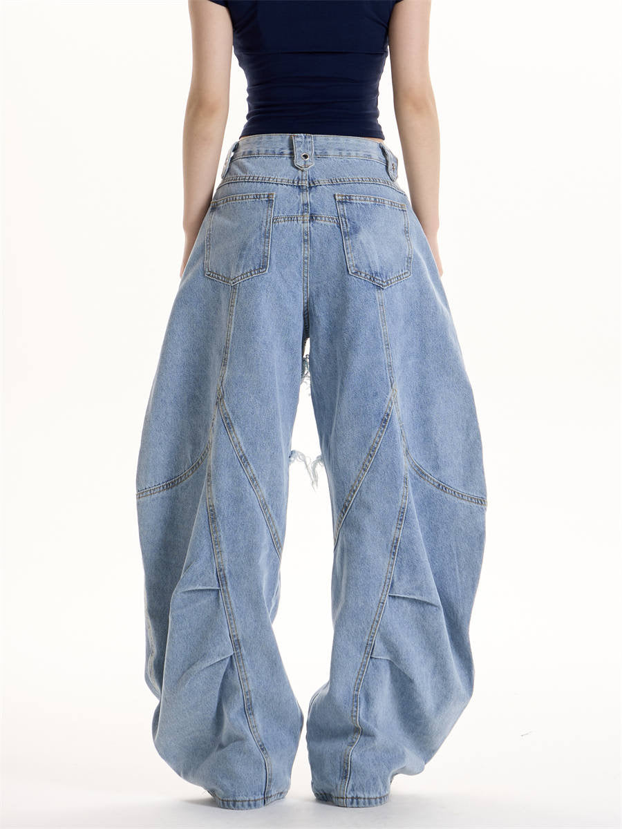 GKIKZ DOUBLE STRAP FRAYED PATCHWORK BAGGY JEANS